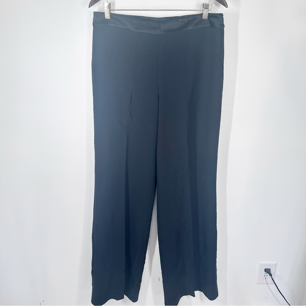 NWT St. John Essentials Black Side Zip Wide Leg Pants Size 12 Satin Trim